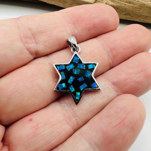 Sterling Silver Mosaic Lab Opal Star of David Pendant, Jewish Star - Picture 7 of 7